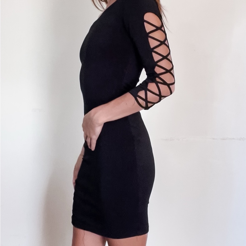 Cameo Elegant Black Dress with Lattice Sleeves